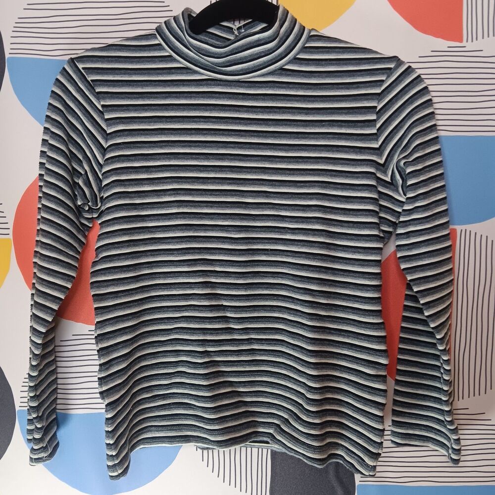 Y2K Vintage 90's Monochrome Striped Shirt Faux Pearl Buttons Keyhole Mock Neck M